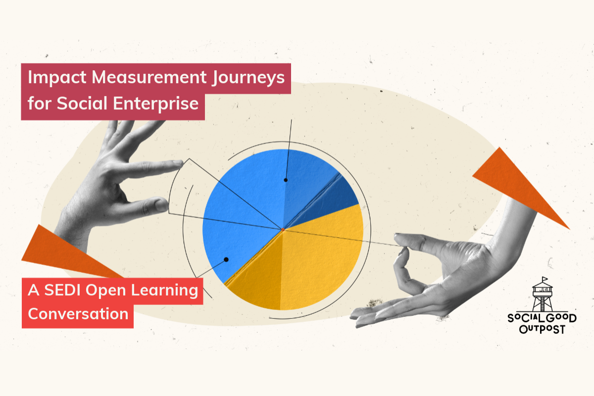 Graphic for “Impact Measurement Journeys for Social Enterprise” with hands, a pie chart, and Social Good Outpost logo.